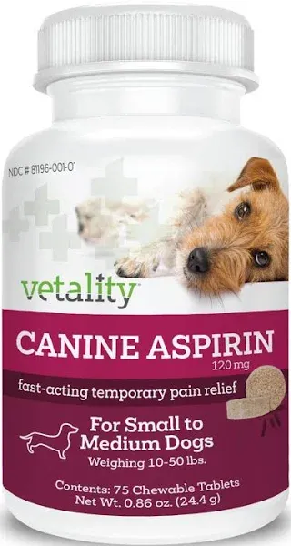 Vetality Canine Aspirin 75 Chewable tablets Small to Medium Dogs Exp 02/2024