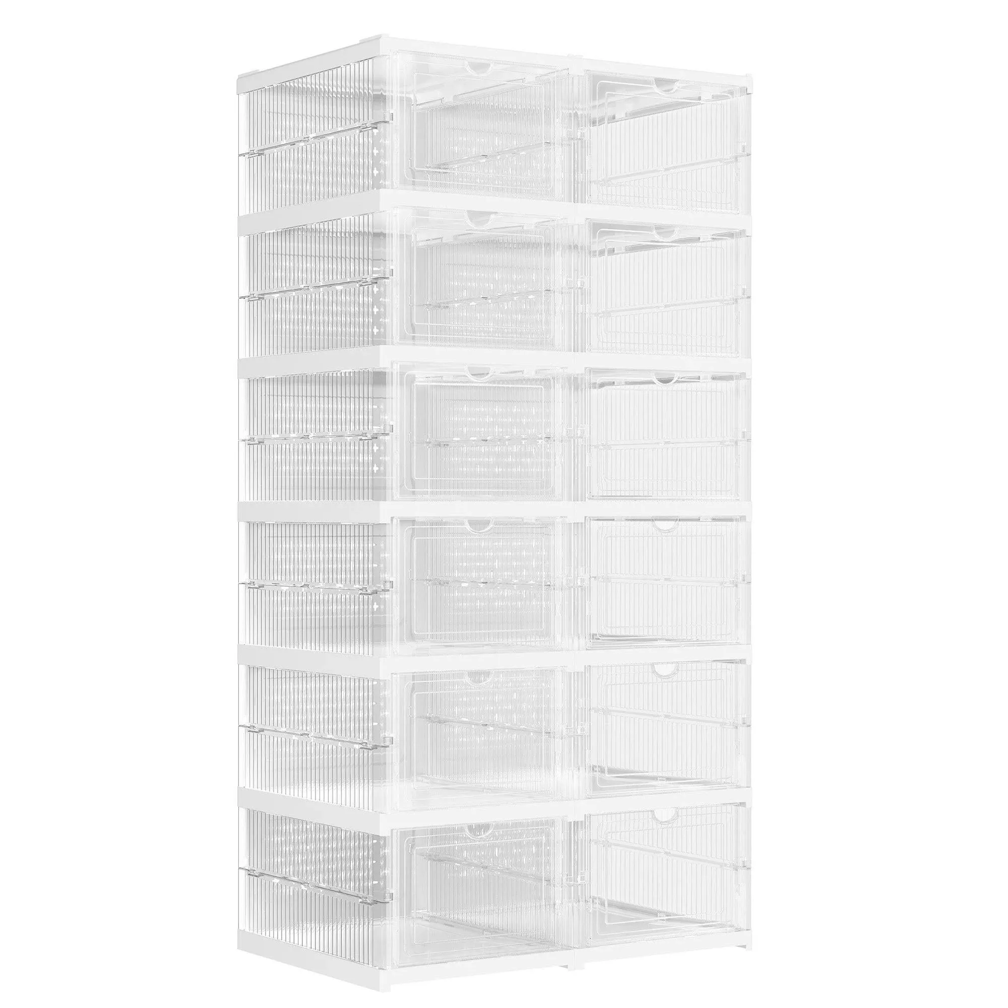 SONGMICS Foldable Shoe Boxes, Pack of 12 Stackable Shoe Storage Organizer, Set of 2 Integraed Shoe Cabinets, Portable, Fit up to US size 13, 60s Assembly, Transparent and Cloud White ULSP206W01