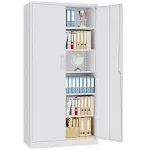 Fesbos Metal Storage Cabinet with Lock,Tall White File Cabinet with 2 Doors and 5 Adjustable Shelves,Steel Storage Cabinets for Garage, Home Office,