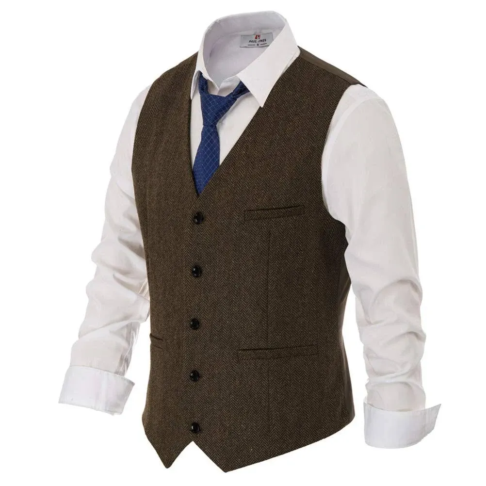 PJ PAUL JONES Men's Western Herringbone Tweed Suit Vest Wool Blend V Neck Slim Fit Waistcoat