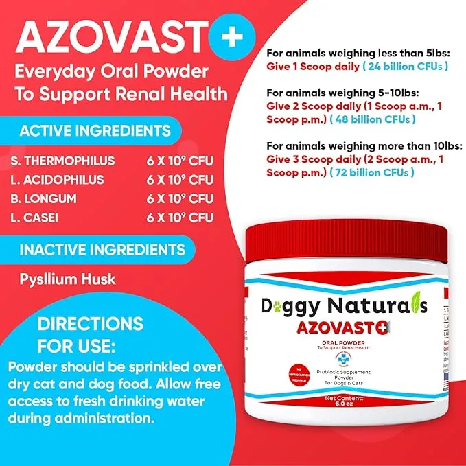 Azovast Plus Kidney Health Supplement for Dogs & Cats, Oral Powder (6 Oz) - (120 Doses/Jar) NO Refrigeration Required - Help Support Kidney Function & Manage Renal Toxins (Made in U.S.A) (6 Oz)