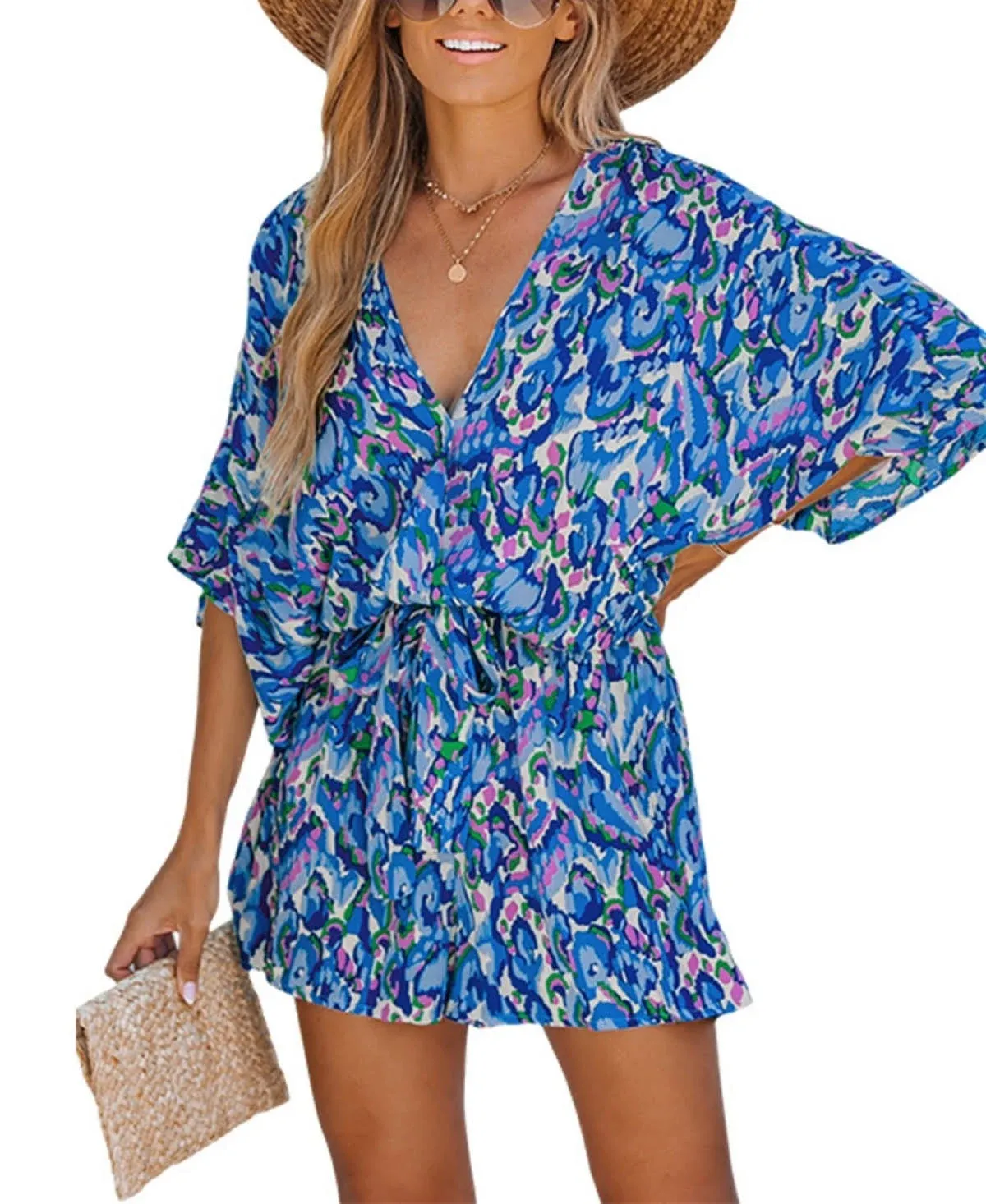 Cupshe Abstract Print Drawstring Romper - Blue - S