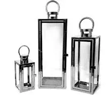 Allgala 3-PC Lantern Set 23 Inch Jumbo Deluxe Modern Indoor/Outdoor Candle Lantern Set Stainless Steel Frame Tempered Glass Rectangular Black for Garden Poolside Fireplace Wedding