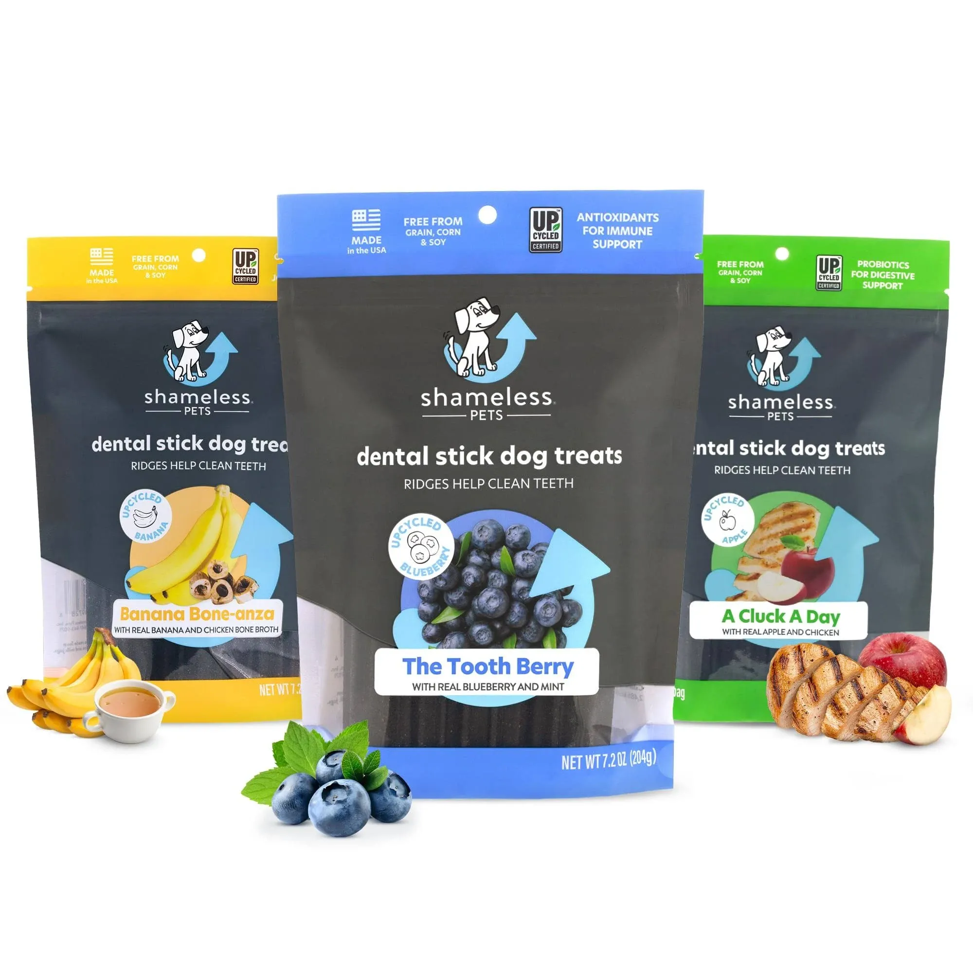 Shameless Pets Dental Treats for Dogs, Variety (3-pack) - Healthy Dental Sticks for Teeth Cleaning & Fresh Breath - Dog Bones Dental Chews Free from