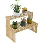 MyGift Natural Bamboo Indoor Plant Stand for Desk, 2 Tier Desktop Shelf Organizer Rack with 2 Slatted Shelves