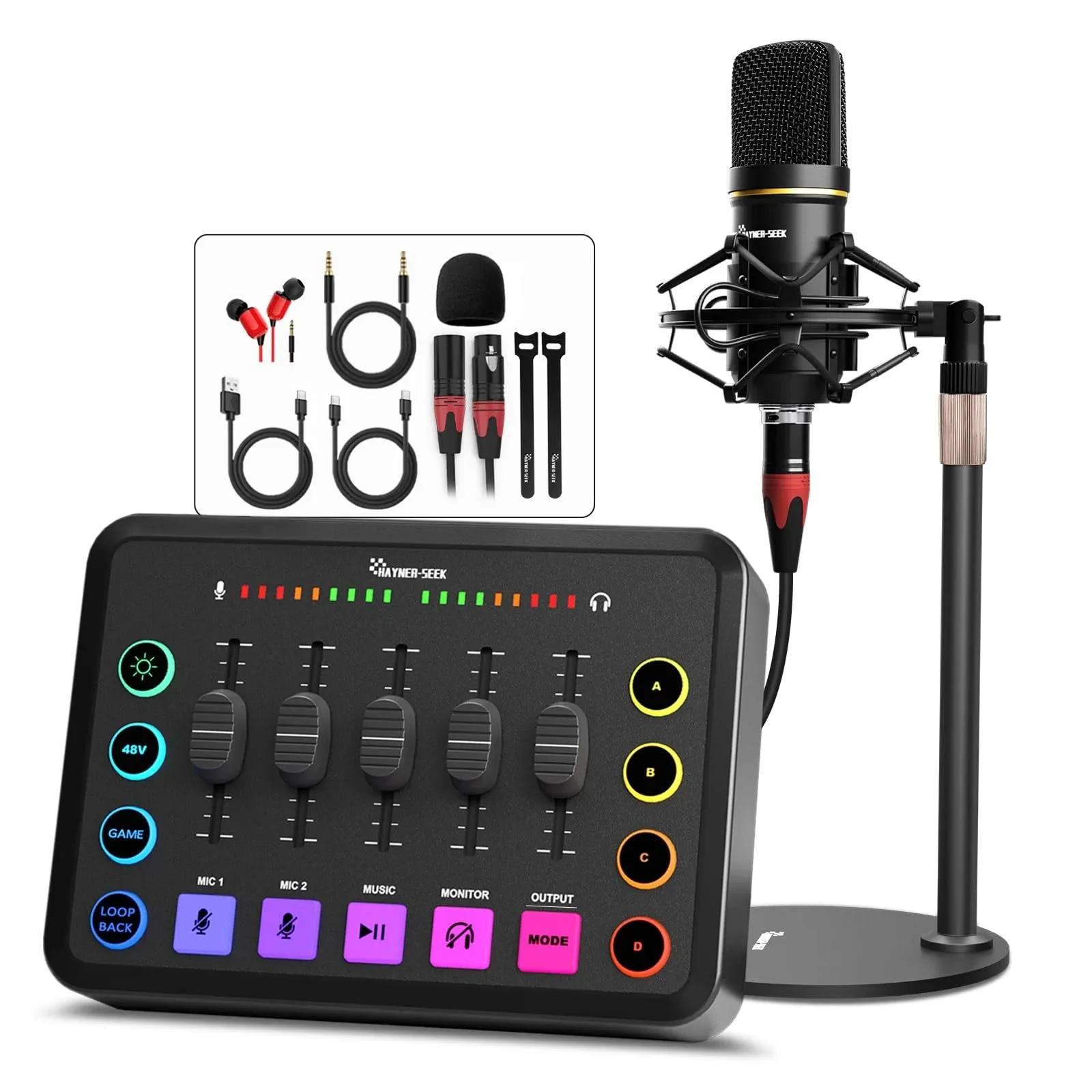 Podcast Equipment Bundle, Gaming Audio Mixer with 48V Podcast Microphone, Volume