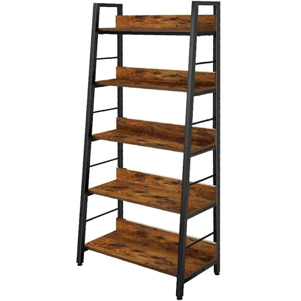 BATHWA 5 Tier Book Shelf Industrial Rustic Open Wood Metal Ladder Bookshelf Accent Bookcase