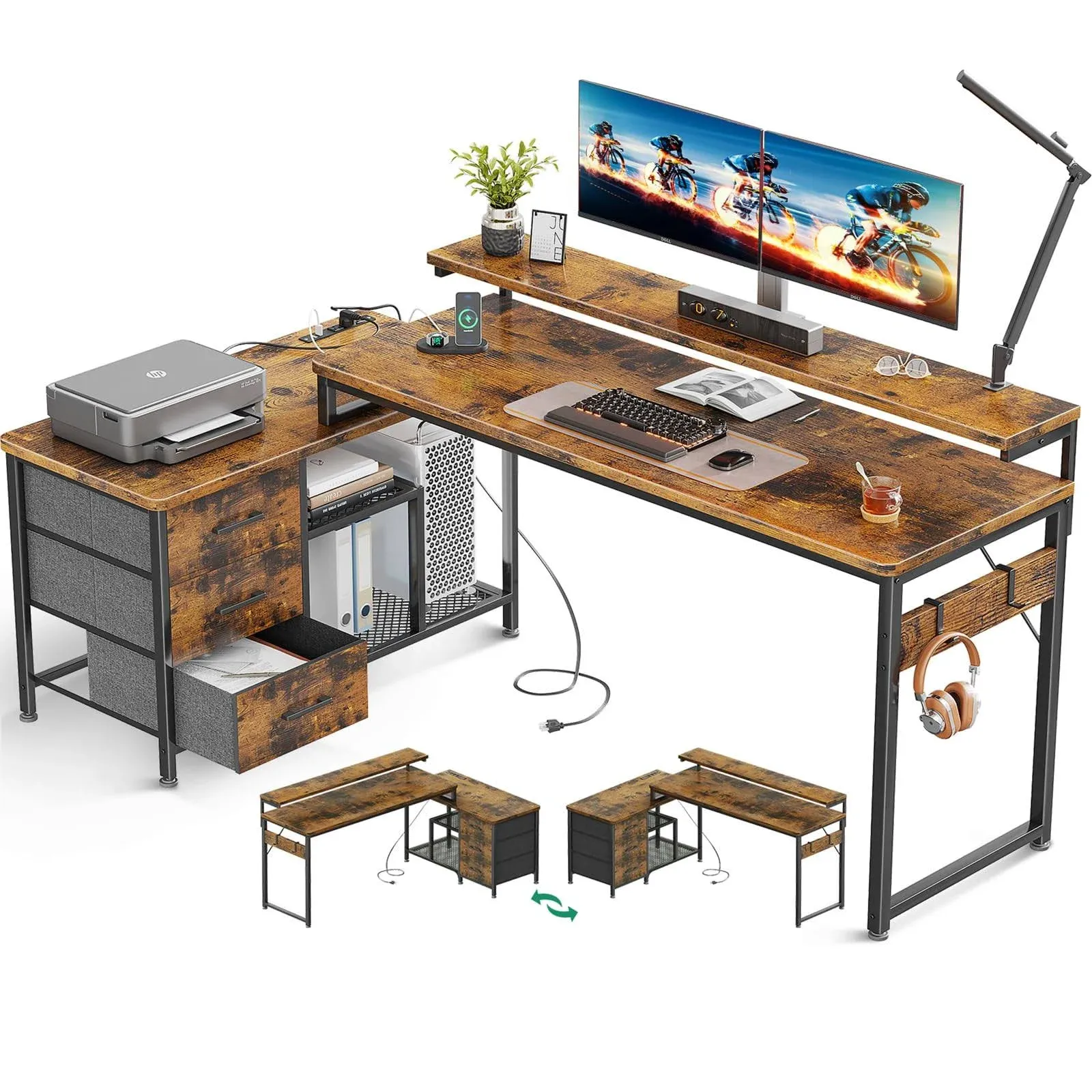 AODK 70 Inch L Shaped Computer Desk with Power Outlets & USB Charging Ports, Reversible L-Shaped Corner Desk with Drawers & Monitor Stand, Home Office Workstation with Storage Cabinet, Rustic Brown