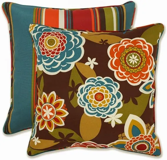 Pillow Perfect Reversible Floral Stripe Indoor/Outdoor Accent Throw Pillow, Plush Fill, Weather, and Fade Resistant, Large Throw - 18.5" x 18.5", Brown/Orange Annie, 2 Count