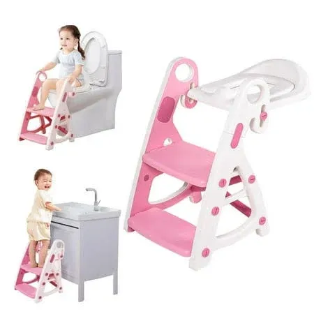 Primlect Potty Training Seat, 2-in-1 Toddler Toilet Seat with Step Stool, Ultra-Stable Potty Chair Attachment, Adjustable Seat and Step Ladder, Non-Slip Design, Splash Guard for Boys and Girls(Pink)