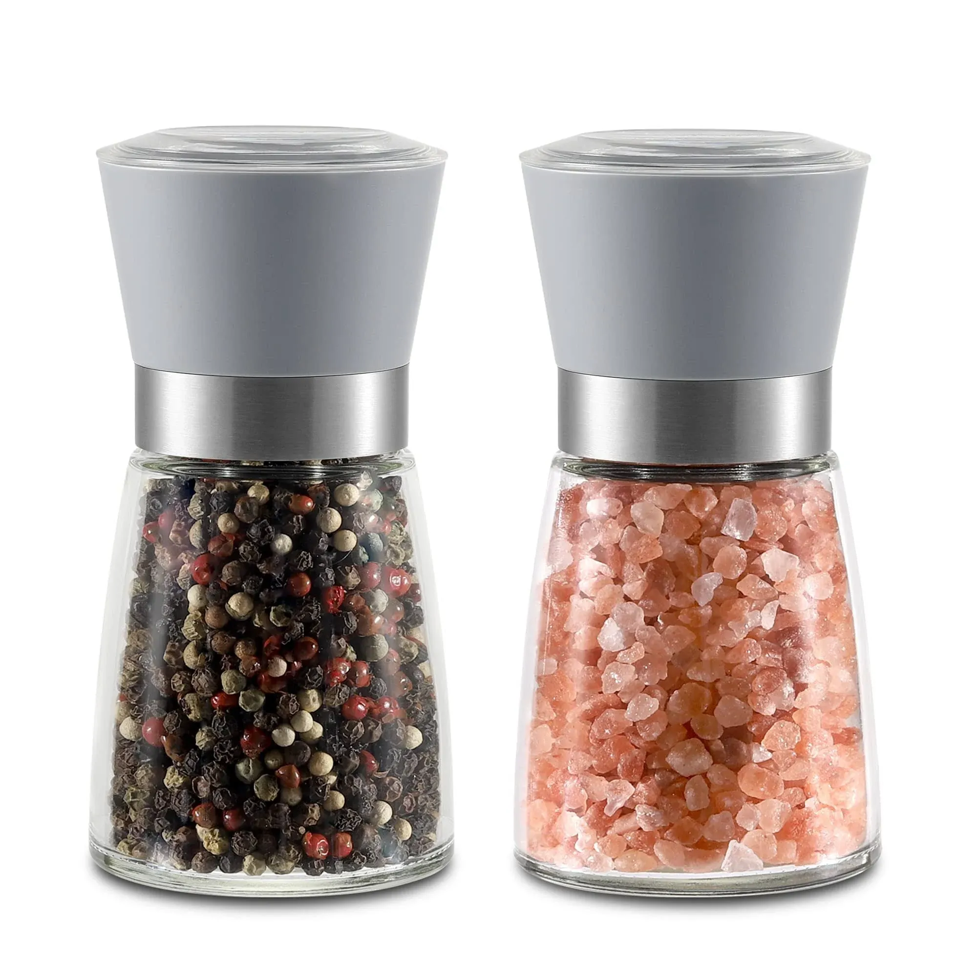 Vzaahu Salt and Pepper Grinder Set Blue - Refillable Small Seasalt & Peppercorn Shakers, Adjustable Coarseness, Ceramic Burr, Premium Glass Peppermill, Transparent Lid