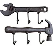 KiaoTime Set of 2 Wrench and Hammer Cast Iron Metal Wall Coat Hooks Hat Rack Rustic Retro Vintage