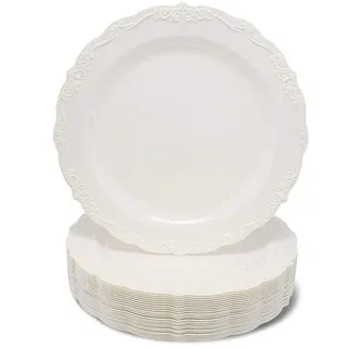 Juvale 25 Pack Cream Plastic Vintage Dinner Plates