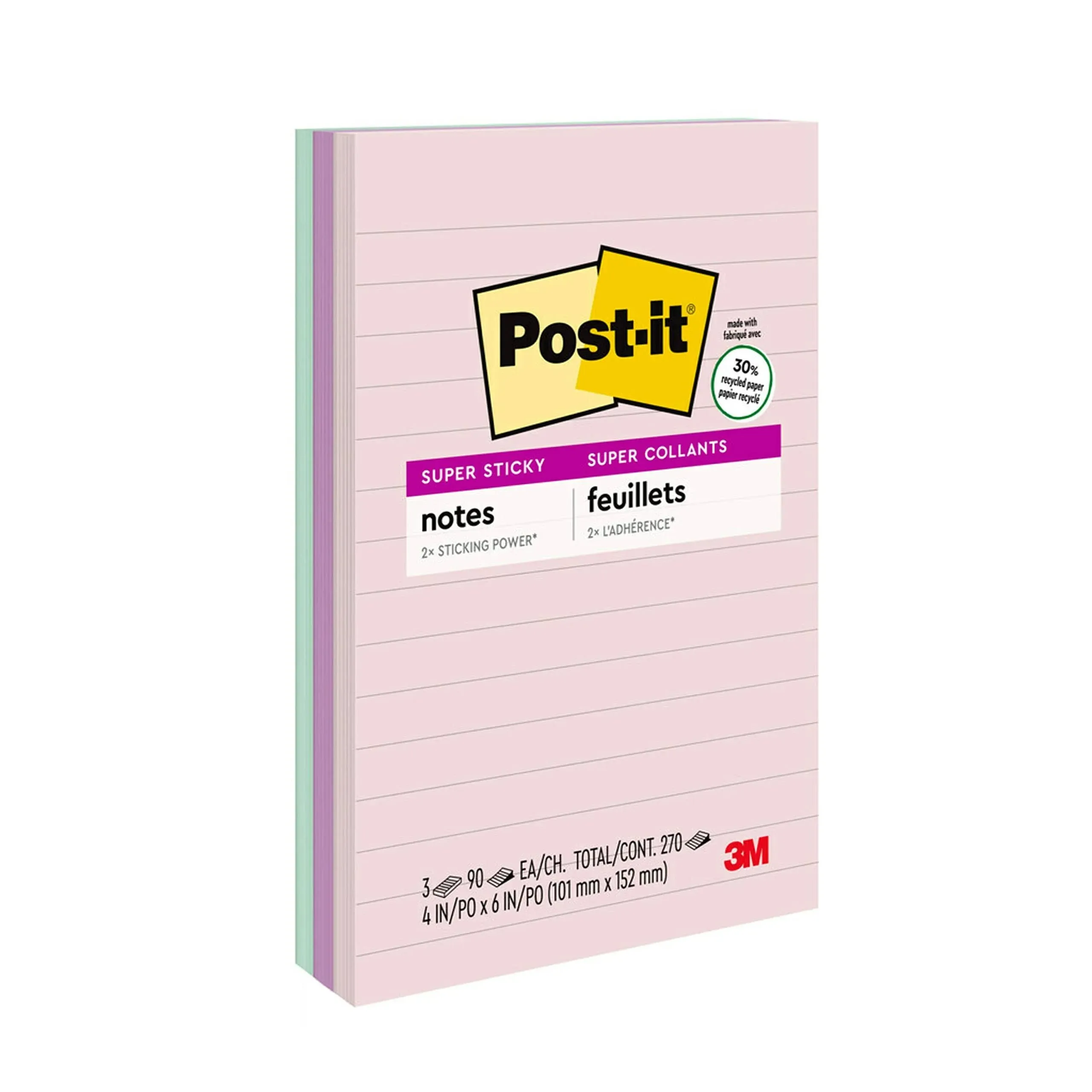 Post-it Super Sticky Recycled Notes, 4x6 in, 3 Pads, 2x the Sticking Power, Wanderlust Collection, Pastel Colors, 30% Recycled Paper (660-3SSNRP)