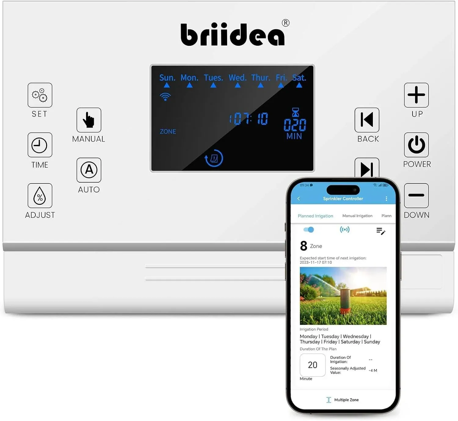 8 Zones WiFi Smart Sprinkler Controller, Briidea Automatic Irrigation Controllers with Customized Watering Schedule & Seasonal Adjustment, Water Efficiently and Keep Your Plants Healthy