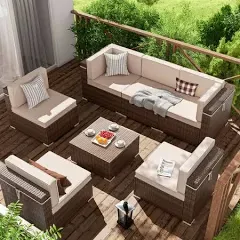 ELPOSUN 7 Pieces Patio Furniture Set All Weather Outdoor Sectional Sofa, Outdoor Modern Sectional Furniture Wicker Couch with Glass Coffee Table, Thicken Khaki Anti-Slip Cushions, Waterproof Cover