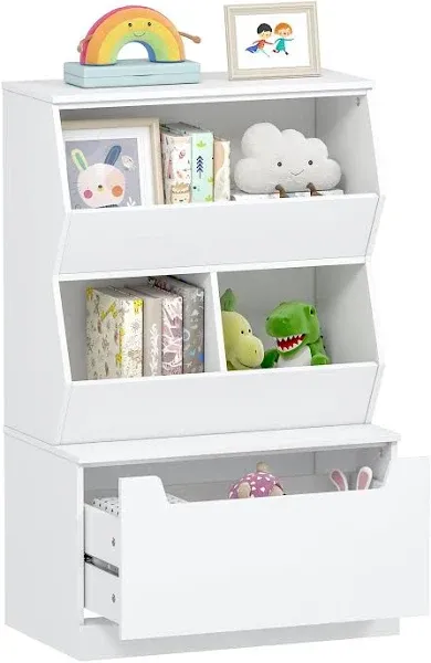 UTEX Kids Toy Storage Organizer, Bookshelf for Kids and Bookcase with Drawer, Children Open Storage Cubby for Kids Room Playroom Nursery White