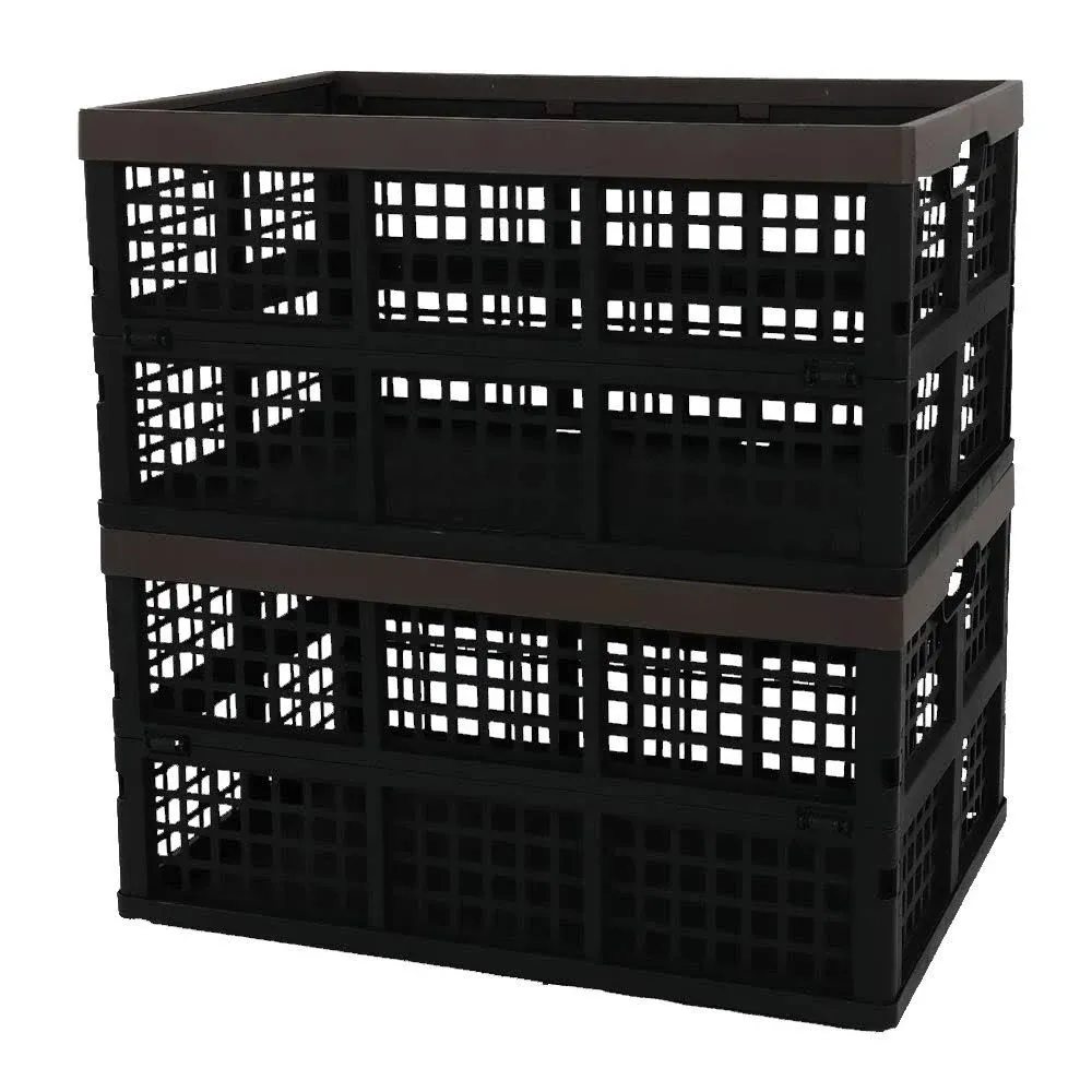 Lesbin 2-Pack 42 L Plastic Staking Folding Storage Basket Crate, Stackable Collapsible Storage Bin