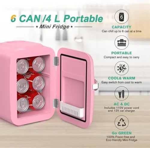 Mini Fridge, 4 Liter/6 Can Portable Cooler and Warmer Personal Refrigerator for 