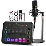 Hayner-Seek Podcast Equipment Bundle, Gaming Audio Mixer with 48V Podcast Microphone, Individual Volume Slider, Voice Changer RGB Audio Interface for