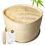 Bamboo Steamer Basket for Cooking - Improved 10 Inch 2 Tier Bamboo Dumpling Steamer Bamboo Steam Basket - Liners, Chopsticks, Adapter Ring, Sauce Cup