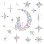 Cat Moon and 18 Pieces Star Window Clings - Anti-Collision Window Decals to Save Birds from Window Collisions,Non Adhesive Prismatic Vinyl Window Clings, Rainbow Stickers