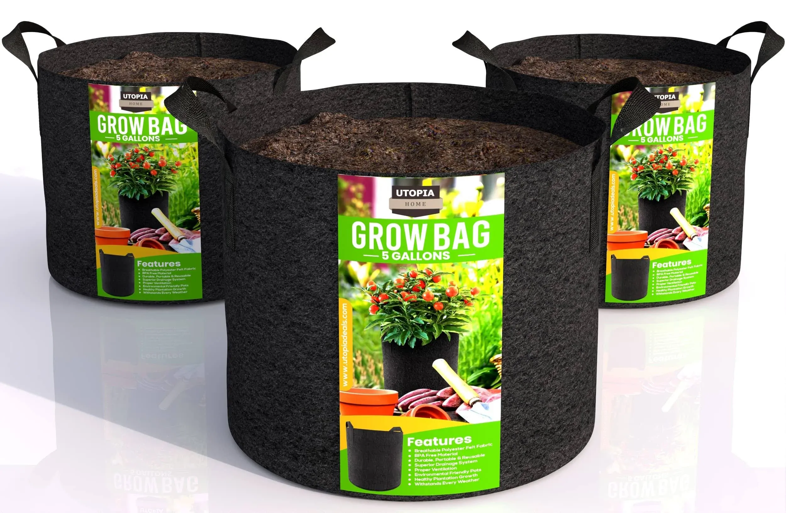 Utopia Home 3 Pack 5 Gallon Grow Bags, 300G Thickened Nonwoven Plant Fabric Pots for Outdoor, Grow Pots, Garden Plant Bags, Aeration Fabric Planters for Fruits, Vegetables and Flowers