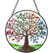 Tree of Life Stained Glass Suncatcher Four Season Theme Colorful Leaves Window Wall Hanging Ornament Hand-Painted Glass Panel Decor Gift for Women