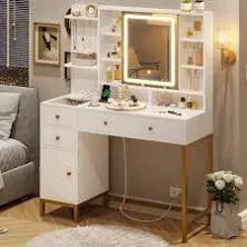 VIAGDO Vanity Desk with Openable Mirror and Lights, Black Makeup Vanity with Lights & Charging Station, Bedroom Vanity Table with 3 Drawers, Hooks, Hi