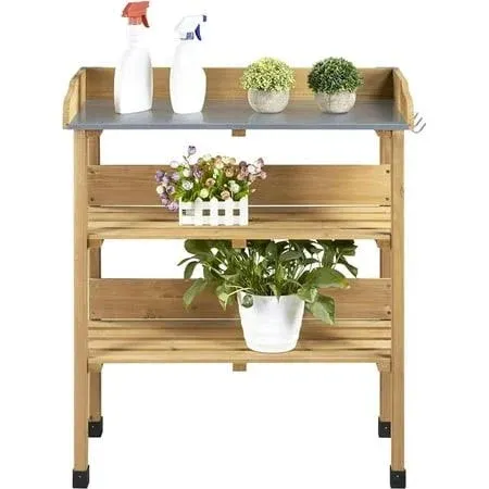 Yaheetech Outdoor Garden Potting Bench Table Wooden Horticulture Planting Worstation w/Metal Tabletop/Storage Shelf/3 Hooks