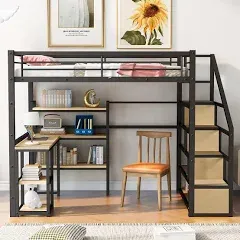 Bellemave Loft Bed with Desk Metal Loft Bed with Bookcase, Storage Staircase and Shelves