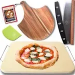 Ritual Life Pizza Stone for Oven and Grill with Wooden Pizza Peel Paddle & Pizza Cutter Set - Detachable Serving Wire - BBQ Grilling Accessories