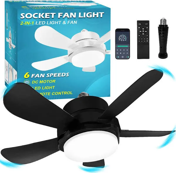 EJTILAI Socket Fan Light with Remote Screw Ceiling Fans with Lights 5 Reversible Blades