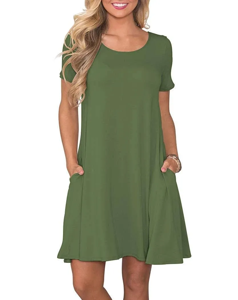 petite WNEEDU Women's Summer Casual T Shirt Dresses Short Sleeve Swing Dress with Pockets