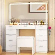 YITAHOME Vanity Desk Set with Large LED Lighted Mirror & Power Outlet, Glass Top Vanity with 11 Drawers and Magnifying Glass, 46'' Large Makeup