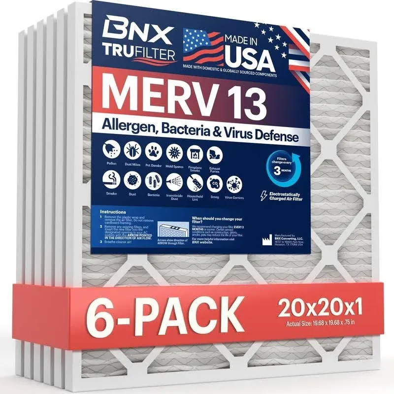 BNX TruFilter 20x20x1 Air Filter MERV 13 (6-Pack) - MADE IN USA - Electrostatic Pleated Air Conditioner HVAC AC Furnace Filters for Allergies, Pollen, Mold, Bacteria, Smoke, Allergen, MPR 1900 FPR 10