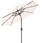 Sun-Ray Market Solar Lighted 8-Rib Round Patio Umbrella in Beige + White Stripe