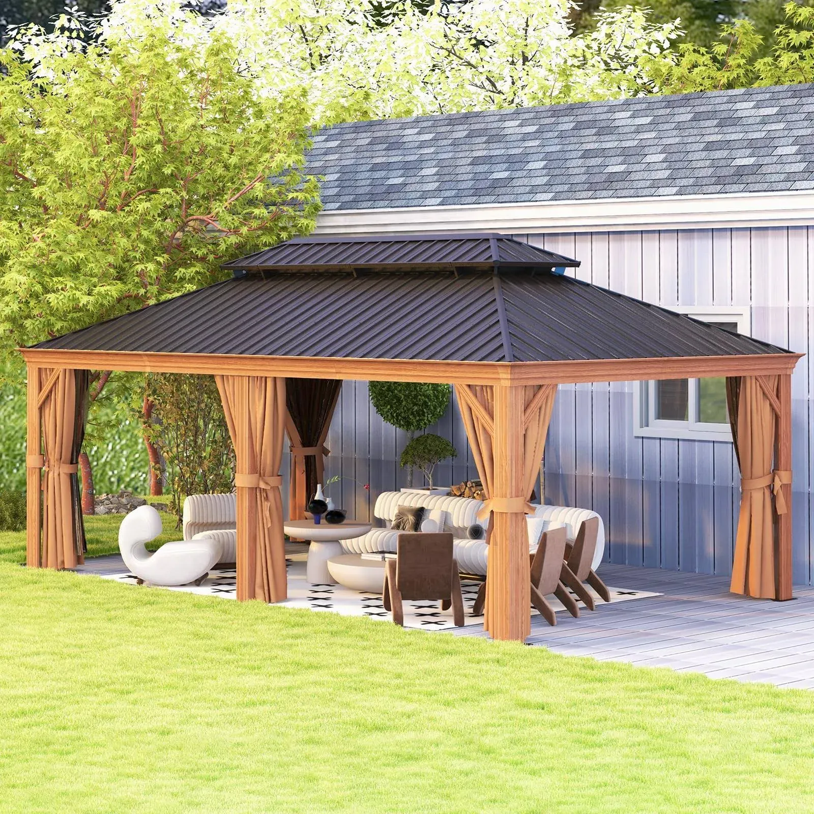 Aoxun 12&#39; x 20&#39; Permanent Gazebo, Wooden Finish Coated Aluminum Frame Canopy with Dual-Layer Galvanized Steel Hardtop Top, Outdoor Metal Pavilion, for Deck, Patio and Backyard