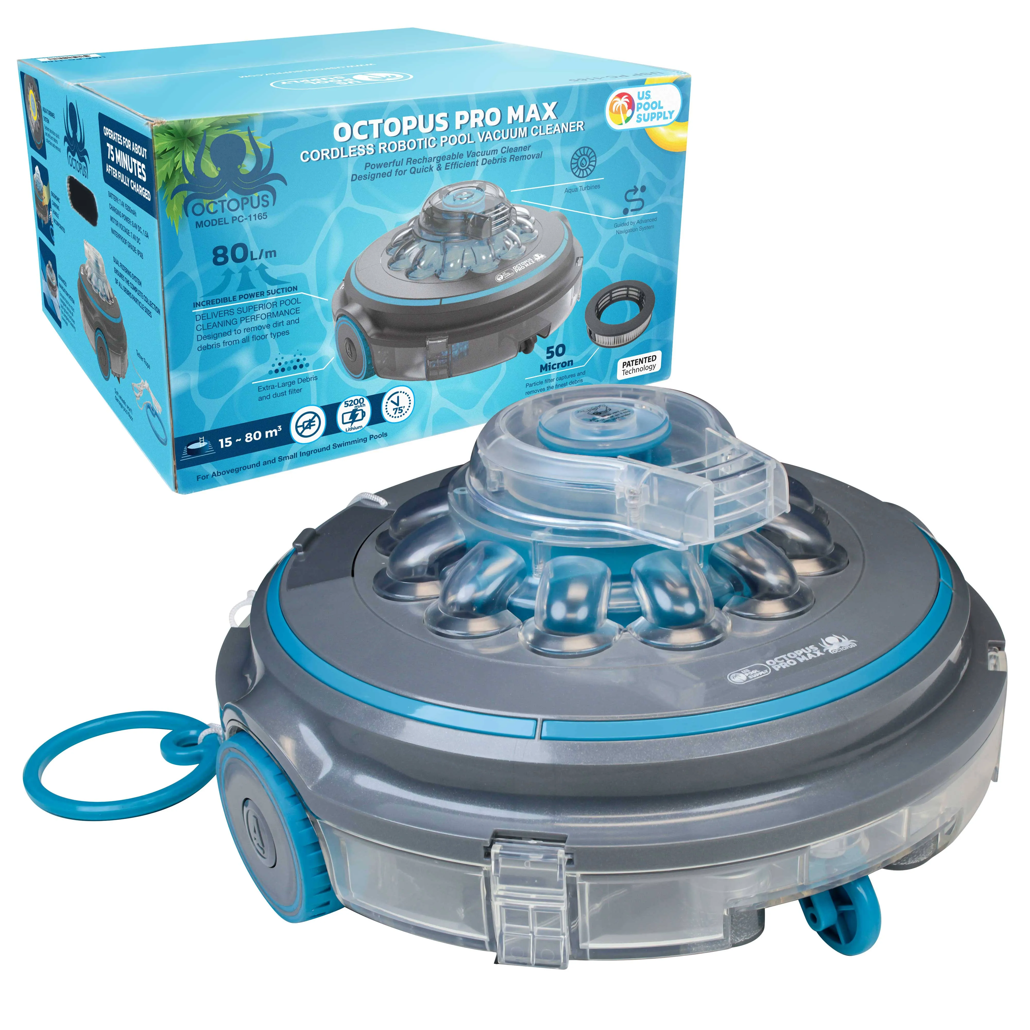 U.S. Pool Supply Octopus Pro Max Cordless Robotic Pool Vacuum Cleaner - Lasts 75 Mins Powerful Suction Dual Filtering Cleans Removes Leaves Debris