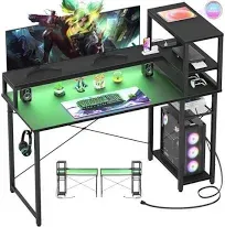 Cyclysio Gaming Desk 47" Computer Desk with Reversible Storage Shelves Home Office Desk with Power Outlets & RGB Led Lights