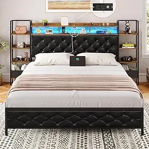 Full Bed Frame with LED Storage Headboard, Upholstered Platform Bed Frame, Charging Station, No Box Spring