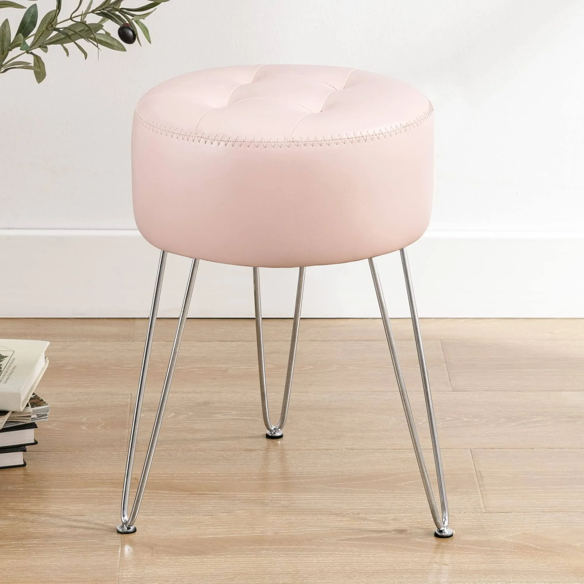 Lue Bona Faux Leather Vanity Stool Chair for Makeup Room, Pink Small Stool for Vanity, 19” Height, Tufted Vanity Chair Stool with Metal Legs, Modern