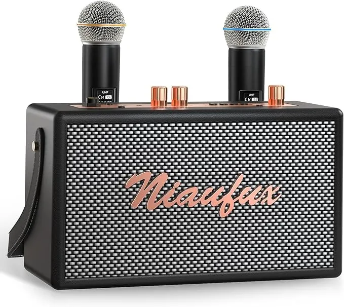 Niaufux Retro Karaoke Machine with Two Wireless Microphones, Portable Bluetooth Speaker for Adults and Kids, Rechargeable Pa System for Home Party, A