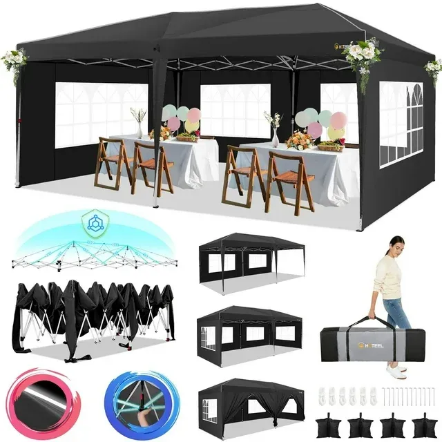 10x20 Pop Up Canopy Tents for Parties, Outdoor Tent with Wheeled Bag &amp; 4 Sand...