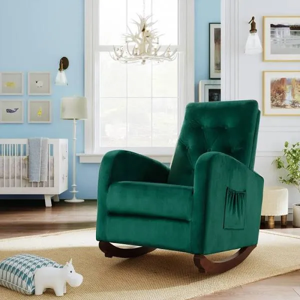 Majnesvon Rocking Chair Mid-Century Modern Nursery Rocking Armchair Upholstered Tall Back Accent Glider Rocker for Living Room(Green + Velvet)