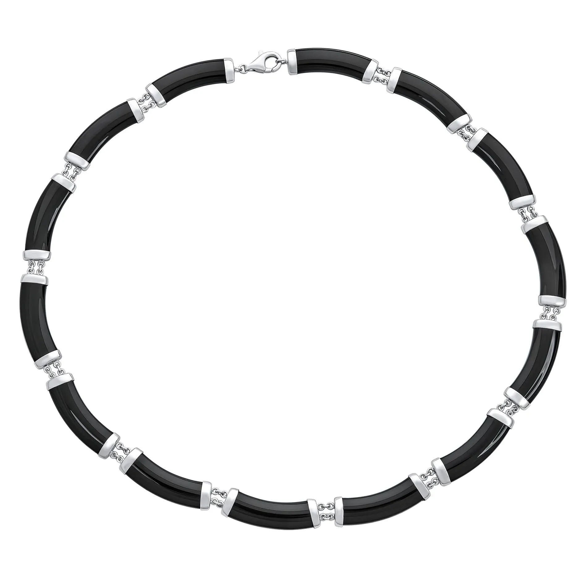 Asian Style Gemstone Black Onyx Strand Contoured Tube Bar Link Collar Necklace For Women .925 Sterling Silver 16 Inch