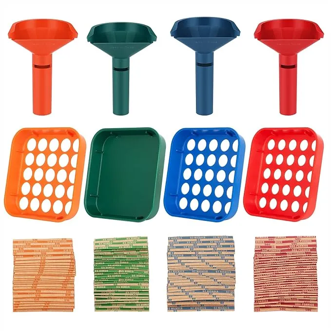 Budgetizer Coin Counters Tubes & Coin Sorters Tray – 4 Color-Coded Coin Sorting Tray and Coin Counting Tubes - Bundle with 100-Count Assorted Coin Roll