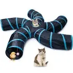 EGETOTA Cat Tunnel for Indoor Cats Large, with Play Ball S-Shape 5 Way Collapsible Interactive Peek Hole Pet Tube Toys, Puppy, Kitty, Kitten, Rabbit (Blue & Black)