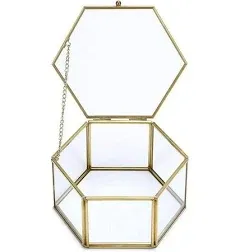 Hipiwe Glass Vintage Jewelry Box Golden Geometric Jewelry Display Organizer Keepsake Box Case Home Decorative Box for Storage Trinket Ring Earring