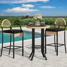 3 Pcs Outdoor Bar Height Table &amp; Chair Set Patio Bistro Wicker w/ Glass Tabletop